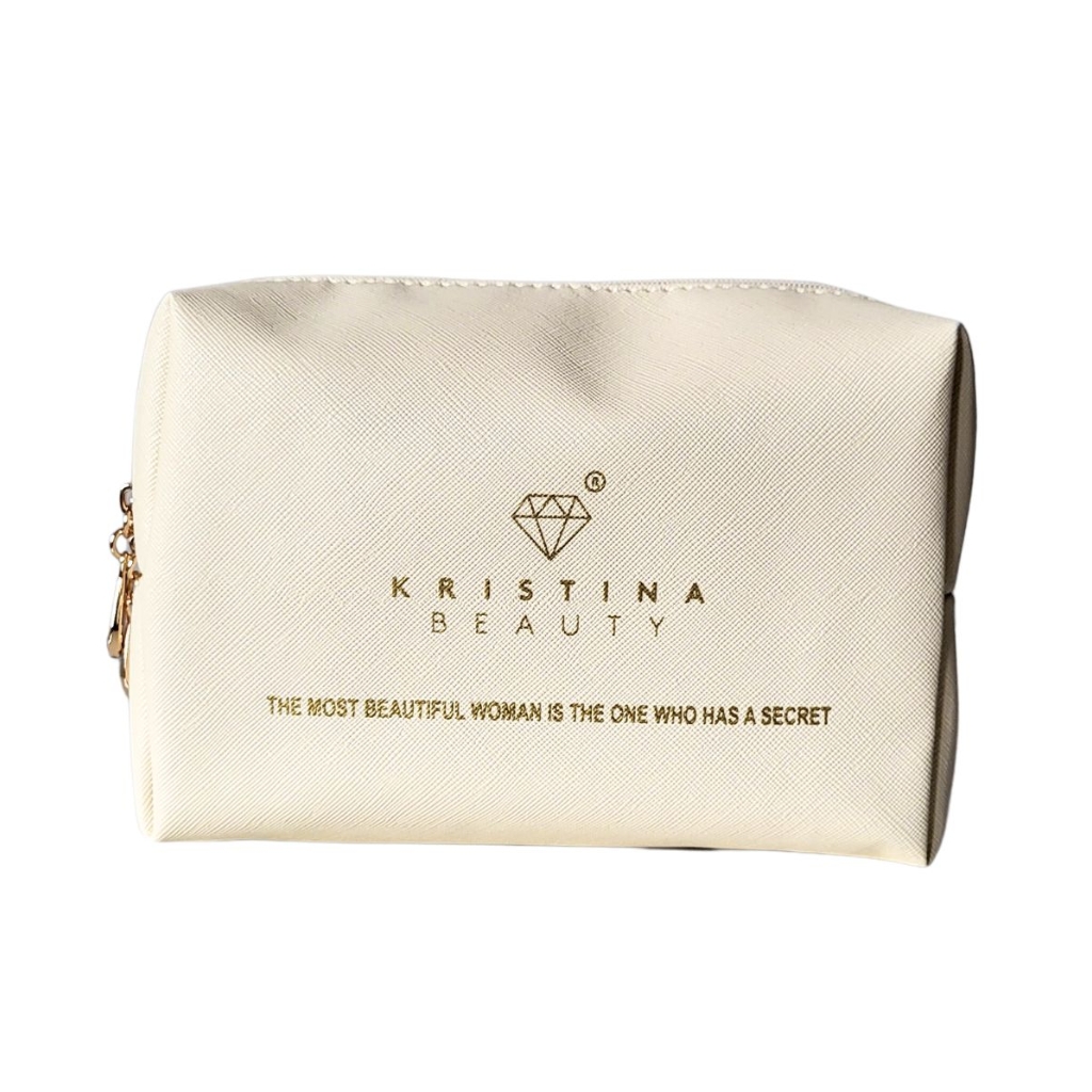 Kristina Beauty kosmetinė su logotipu, 18x9x12cm, kreminės spalvos Kristina Beauty kosmetinė su logotipu, 18x9x12cm, kreminės spalvos