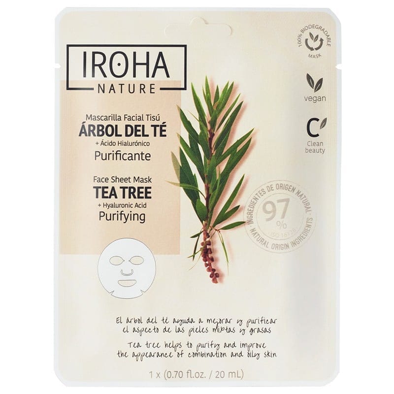 Valomoji veido kaukė Iroha Purifying Face Sheet Mask Tea Tree & Hyaluronic Acid MTIN26, su arbatmedžiu ir hialurono rūgštimi