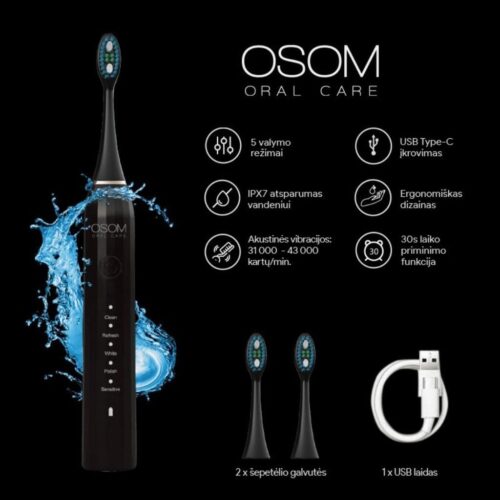 OSOM Oral Care įkraunamas, elektrinis, garsinis dantų šepetėlis Toothbrush Black OSOMORALM1BL, juodos spalvos