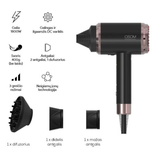 OSOM Professional plaukų džiovintuvas Black Hair Dryer OSOM6800BLHD, juodos spalvos, 1800W