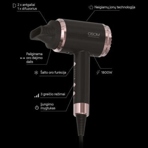 OSOM Professional plaukų džiovintuvas Black Hair Dryer OSOM6800BLHD, juodos spalvos, 1800W