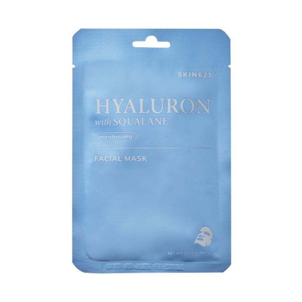 SKIN627 drėkinamoji lakštinė veido kaukė su hialuronu ir skvalanu, 22ml