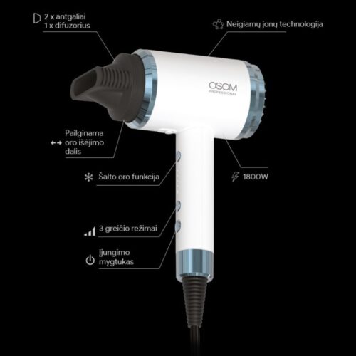 OSOM Professional plaukų džiovintuvas White Hair Dryer OSOM6800WHHD, baltos spalvos, 1800W
